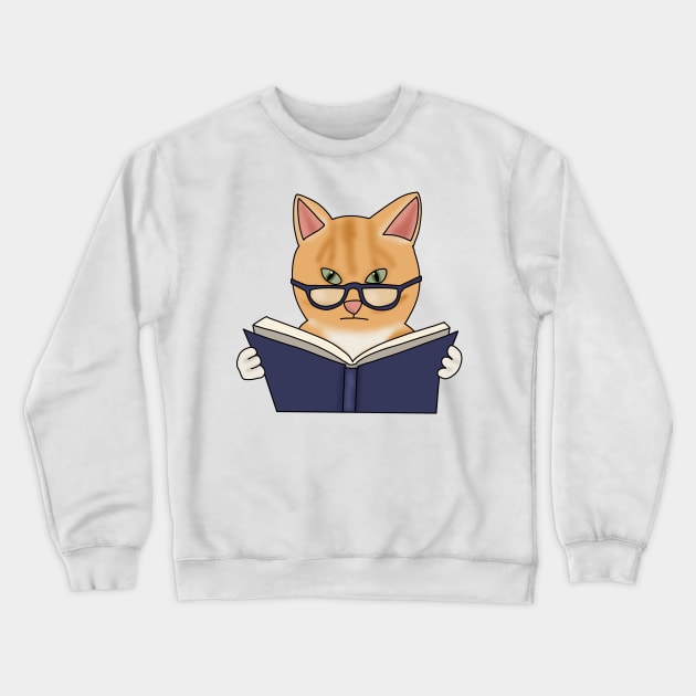 Cat in glasses reading book (fluffy orange cat) Crewneck Sweatshirt by Becky-Marie